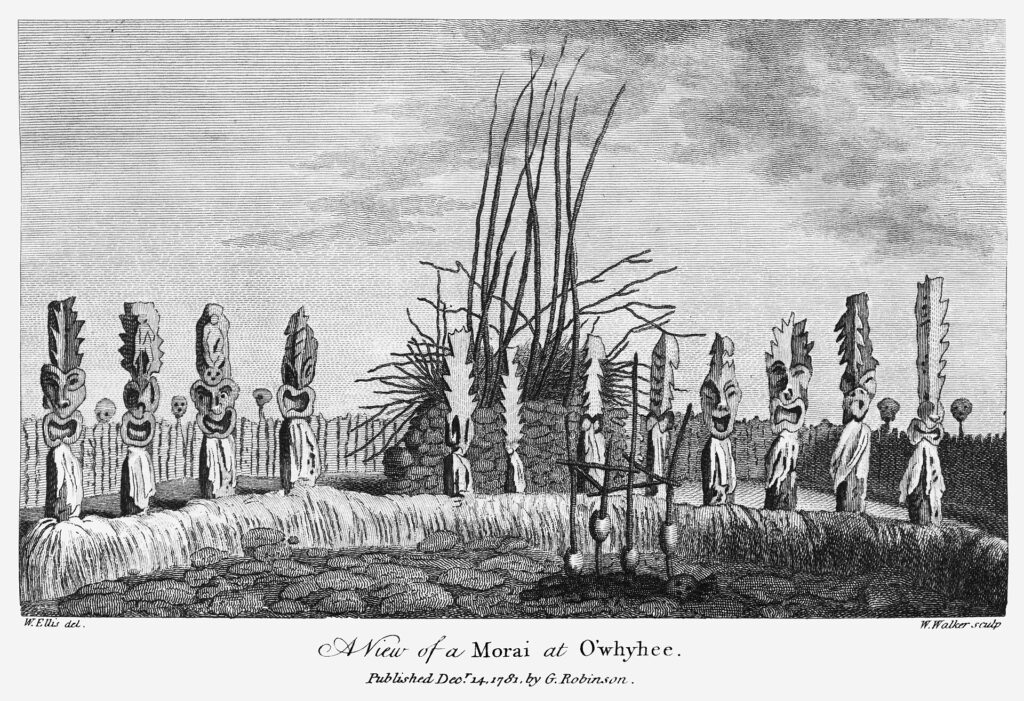 An illustration of a heiau at Kealakekua Bay at the time of James Cook's third voyage, by William Ellis